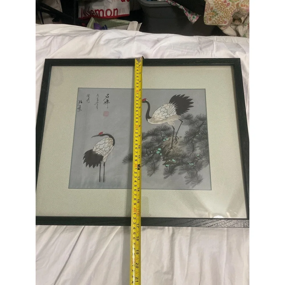 Vintage Japanese Handmade Silk Embroidery Wall Art Framed 2 Birds
